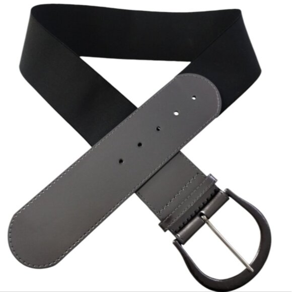 Women Grey 2½" Faux Leather Wide Elastic Belt Round Metal Buckle Fit Large/XL - Picture 1 of 7